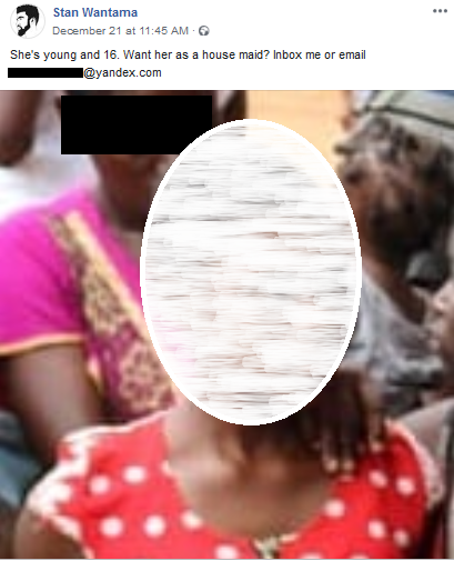 Photograph of an allegedly 16-year-old girl Stanley Wantama sought to give away as a maid by advertising her on Facebook. 
